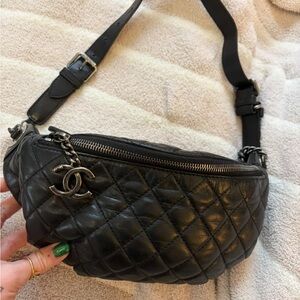 CHANEL Black Quilted Leather Crossbody Belt Bag with CC Charm